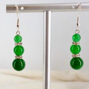 Emerald Green Earring Dangle Drop Sterling Hooks Glass Beads & Crystals 2" NWOT